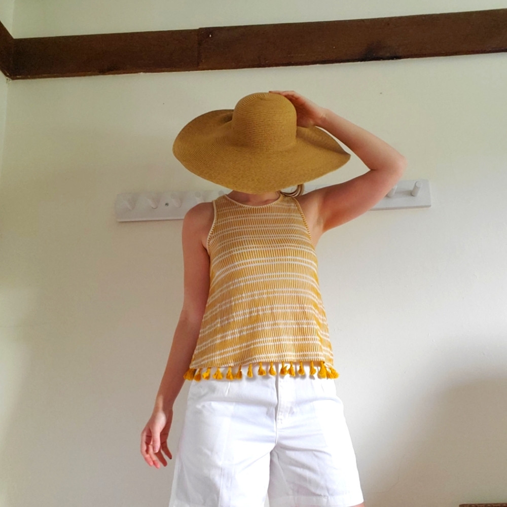 Anthropologie • Goldenrod Yellow and white stripe woven knit tank with tassels